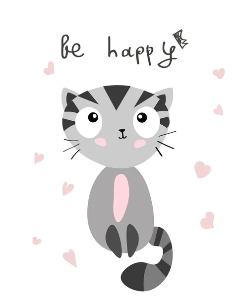 可爱的灰色条纹猫和心脏的白色背景 手绘矢量图及题词 开心点 可爱的卡通动物猫 — 图库矢量图片