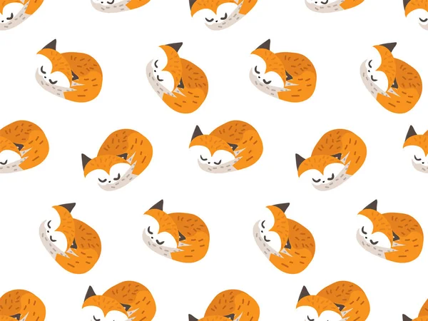 Little Cute Foxes Sleep White Background Seamless Endless Pattern Animalistic — 스톡 벡터