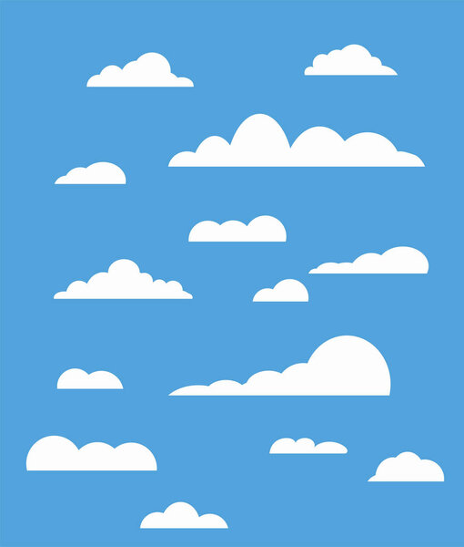 Blue sky, clouds in flat style. Vector design element for logo, web and print. Cloud icon, cloud shape. Many different clouds. Collection cloud icon, shape, label, symbol. Vector graphic element.