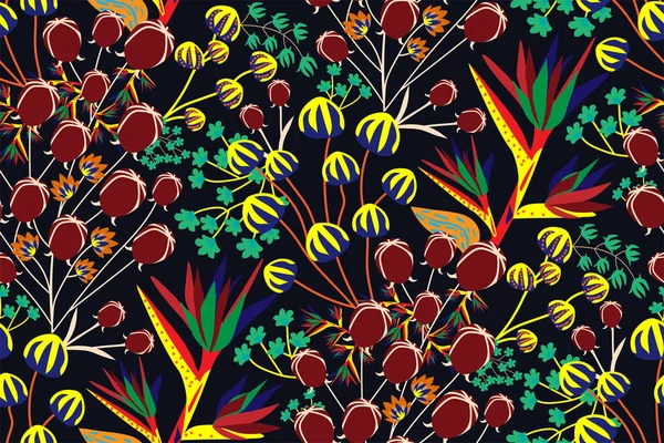 Sarı, Burgundy, kırmızı ve mavi çiçekler, yapraklar, arka planda ağaç dalları olan parlak, klasik, dikdörtgen desenli bir çiçek deseni. Vektör çizimi. Tasarımınız için yaratıcı şablon.