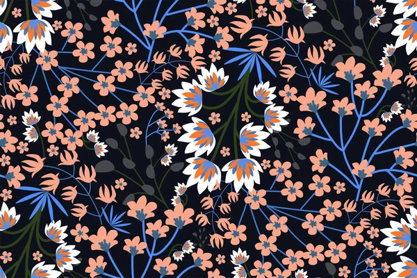 Florales Nahtloses Muster Mit Hellrosa Blüten Und Blättern Auf Dunklem — Stockvektor