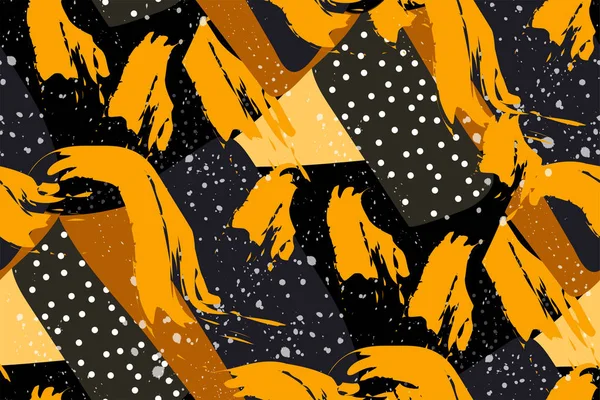 Padrão abstrato sem costura. Splashes e traços de tinta, formas geométricas de amarelo, preto e cinza. Impressão original incomum, fundo, papel de parede. Design moderno em estilo grunge. Vetor . — Vetor de Stock