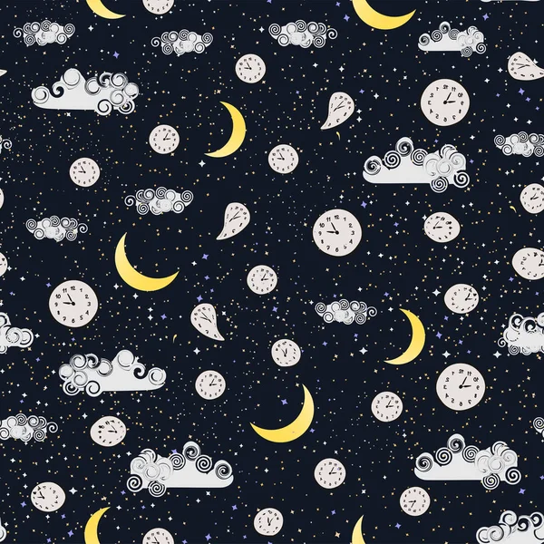 Good Night Seamless Pattern Bright Colored Cartoon Moon Clock Watch — 스톡 벡터