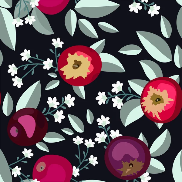 Απρόσκοπτη Floral Μοτίβο Ροζ Και Μοβ Μήλα Λουλούδια Φύλλα Σκούρο — Διανυσματικό Αρχείο