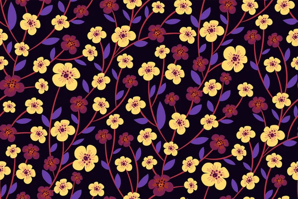 Blumenmuster Mit Lila Und Hellgelben Blüten Blätter Auf Schwarzem Hintergrund — Stockvektor