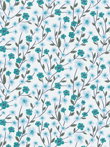 İşlemesiz desenli, güzel mavi çiçekli ve açık renkli arka planda yapraklı. Etnik güdüleri olan çiçek deseni. Folk tarzında moda tasarımı. Nakışlı Vektör illüstrasyonu.