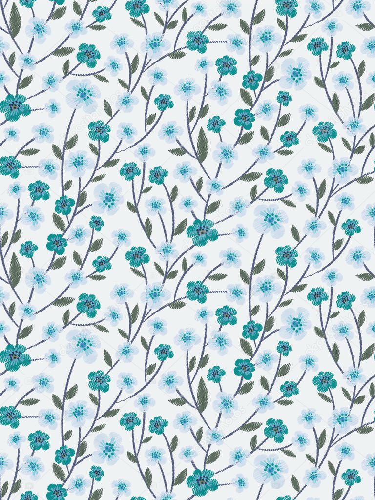 Embroidery seamless pattern with beautiful blue flowers and leaves on a light pastel background. Floral print with ethnic motives. Fashion design in folk style. Embroidered Vector illustration.