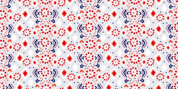 Kusursuz etnik düzen. Ikat geometrik folklor süsü. Ulusal motifler Bohem tarzında basılıyor. Zengin kırmızı, mavi ve beyaz olarak soyut kabile dokusu. Moda tasarımı için mükemmel bir şablon.