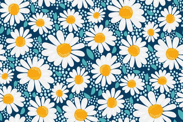  Vektör kusursuz desen. Papatya çiçekli yaratıcı çiçek deseni koyu mavi turkuaz arka planda elle çizilmiş. Moda tasarımı için perefct ilkbahar / yaz şablonu, tekstil...