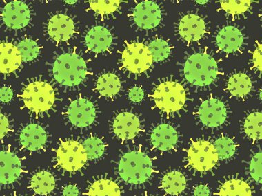 Coronavirus kusursuz desen. Roman Coronavirus (2019-nCoV). Yeşil ışıltı etkisine sahip virüs parçacıkları koyu yeşil bir zemin üzerinde. Koronavirüs salgını konsepti. Vektör illüstrasyonu.