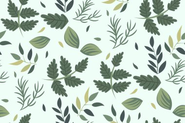 Yeşil, basit bir el çizimi şeklinde pürüzsüz bir desen bırakır. Yazdırma, paketleme kağıdı, duvar kağıdı, kartpostallar, davetiyeler için vektör tasarımı ögesi. Pastel arka planda çok farklı bitki yaprakları var..