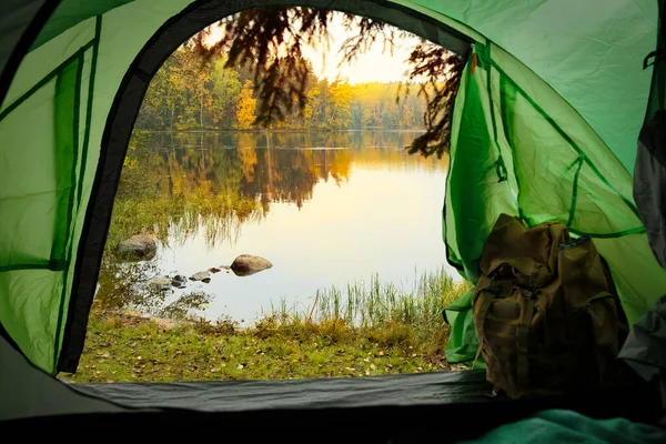 Vue Intérieur Une Tente Touristique Avec Sac Dos Beau Paysage — Photo