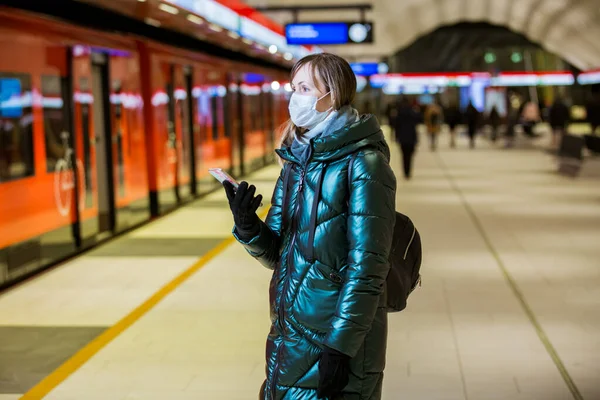 Woman Winter Coat Protective Mask Face Standing Metro Station Waiting — Stock Photo, Image