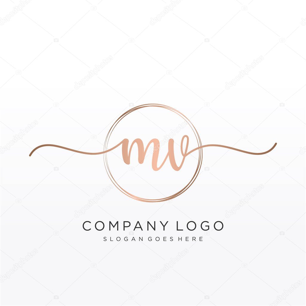 MV Initial handwriting logo with circle hand drawn template vector