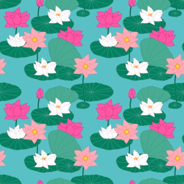 Gölette pembe nilüferler. Nilüfer çiçeğiyle kusursuz desen. Su çiçekleri ve bitkiler. Hint, Çin ve Japon tarzında doğuya özgü bir model. Duvar kağıtları, arka planlar, hediyeler, ambalaj tasarımı için harika.