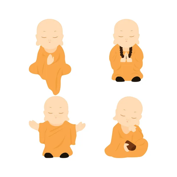 Mönchsset Vektor Set Niedlicher Buddhistischer Mönche Schlichter Gelber Robe Mönch — Stockvektor