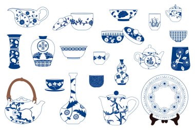 Çin porseleni seti, seramik çaydanlık, çaydanlık, çaydanlık, sürahi, tabak, vazo, kase, sürahi, kavanoz, kap, fincan ve çay tabağı beyaza izole edilmiş. İç tasarımın için Asya dekoratif elementleri. 