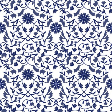 Çiçek deseni. Mavi ve beyaz seramik desen. Porselen desenli arka plan tasarımı. Duvar kağıtları, hediyeler, tekstil, sofra takımı, ambalaj tasarımı için harika.