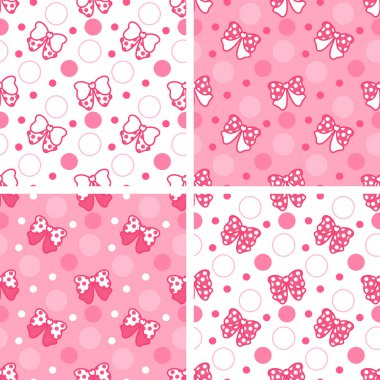 Bir dizi yay deseni. Pembe ve beyaz noktalı şirin 4 desen. Kızların duvar kağıtları, hediyeleri, tekstil, kart, ambalaj tasarımı için harika.. 