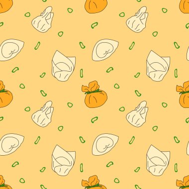 Hamur tatlısı ya da Wonton desenli arka plan. Çizgi filmdeki el, Çin yemeği, Çin mutfağı ve Asya yemekleri. Mutfak duvar kağıdı, tekstil, kumaş, hediye ve ambalaj tasarımı için harika..