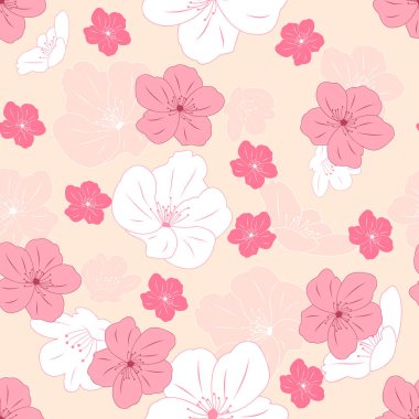 El çizimi kiraz çiçekleriyle romantik çiçek desenleri. Japon sakura desenli arka plan. Duvar kağıdı, hediyeler, tekstil, düğün veya sevgililer günü kartı, davetiye.