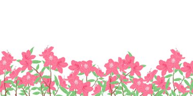 Romantik pembe açelya çiçekleri ya da ilkbahar arka planında ve sınırlarda açan rhododendron çiçekleri. Çiçeksel çerçeve kenarları pürüzsüz. Duvar kağıdı, düğün ya da sevgililer günü kartı, davetiye için harika..