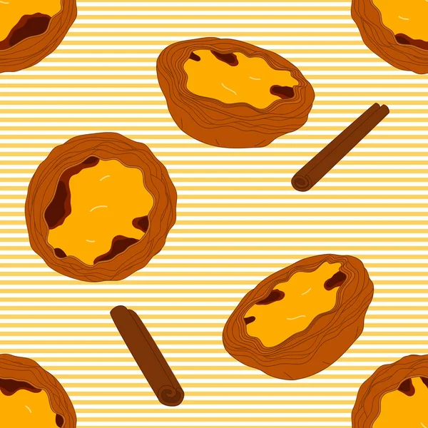 Portuguese Egg Tarts Custard Tarts Pastel Nata Seamless Pattern Background — 스톡 벡터