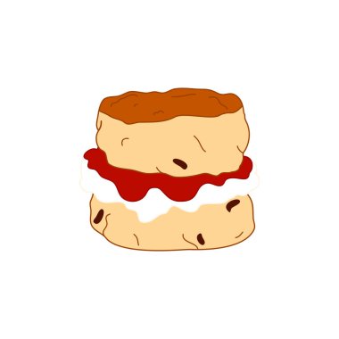 Doodle scone or biscuit with jam and cream isolated on white background. Traditional British teacake, afternoon tea, cream tea, tea party, buttermilk biscuits. Great for icon, card, menu, logo design. clipart