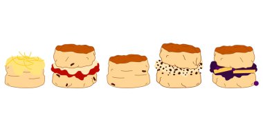 Set of cartoon scones or biscuits in various flavors background and borders with chocolate, cream, jam, blueberry sauce and lemon. Traditional British teacake,  afternoon tea , buttermilk biscuits. clipart