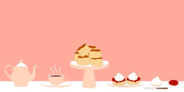 Set of traditional British cream tea with teapot, a cup of tea on a saucer, two scones with jam and cream on a plate, butter knife. Doodle afternoon tea,tea party, buttermilk biscuits background.  clipart