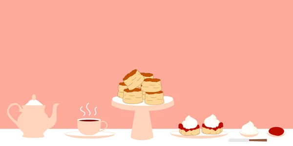一套传统的英式奶油茶 茶托上的一杯茶 两个蛋卷和奶油盘 黄油刀 下午茶 奶油饼干背景 — 图库矢量图片