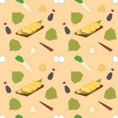 Tamagoyaki, dashimaki ya da daikon turplu Japon omleti, soya sosu, sebze, yumurta ve yemek çubuğu desensiz arka plan. Japon sokak yemekleri, Japon atıştırmalıkları ve Asya yemekleri..