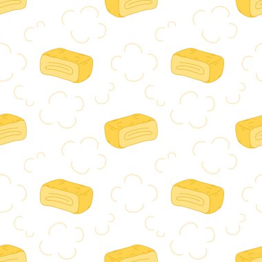 Buharda pişmiş tamagoyaki, dashimaki veya dikişsiz Japon omleti. Çizgi filmdeki el, Japon sokak yemekleri, Japon atıştırmalıkları ve Asya yemeklerinin arka planını çizdi. Mutfak duvar kağıdı için harika..