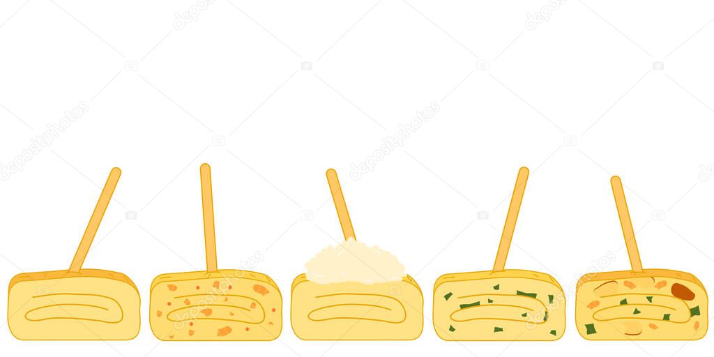Tamagoyaki , dashimaki or Japanese omelette in various flavors seamless pattern background and borders. Japanese street food, Japanese snack and Asian food background. Great for kitchen wallpaper.