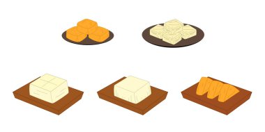 Soya peyniri ya da soya peyniri. İpek ya da yumuşak, sert tofu, donmuş tofu, küp ve üçgen kızarmış tofu. Çizgi filmdeki el vejetaryen ve vejetaryen yemekleri, soya ürünleri, Asya gıda ikonu. Menü için harika.