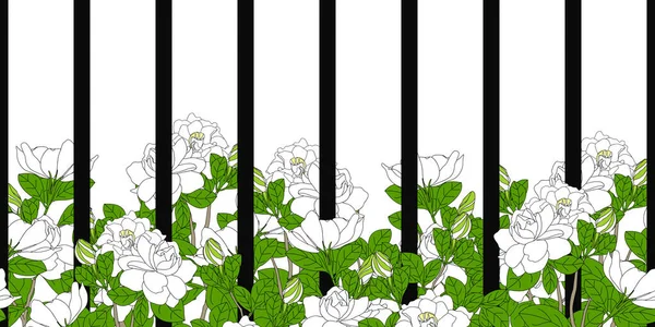 Fence and flowers frame border.  Romantic white Gardenia jasminoides or Cape jasmine flower in summer background and borders.  Great for wallpaper, greeting card, invitation.