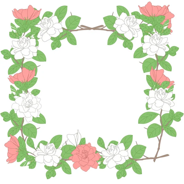 正方形の花のフレーム ロマンチックな白とピンクのクチナシヤスミノイドの花 枝や葉は白で隔離されます 柔らかい色 結婚式 誕生日 バレンタイン 記念日 母の日に最適 — ストックベクタ