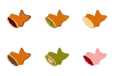 Taiyaki, Japon balık şekilli kek ya da beyaz arka planda izole edilmiş çeşitli tatlarda Bungeo-ppang. Kırmızı fasulye, krema, çikolata, kiraz mochi ve kiraz çiçeği (sakura) dolguları.