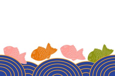 Çizgi film stili Taiyaki, Japon balık şekilli keki ya da Bungeo-ppang pürüzsüz arka plan ve denizle sınır. El çizimi Japon sokak yemeği ve atıştırmalıkları, Asya gıda çerçevesi sınır deseni. Menü için harika.