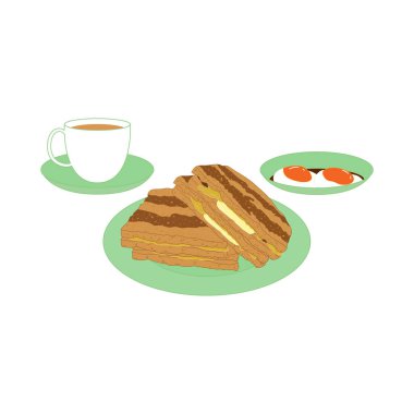 Kaya tostu beyaz arka planda izole edildi. Geleneksel Singapur Kahvaltısı. Çizgi filmde Singapur yemeği ve Asya yemeği çizildi. Menü, simge, logo tasarımı için harika.