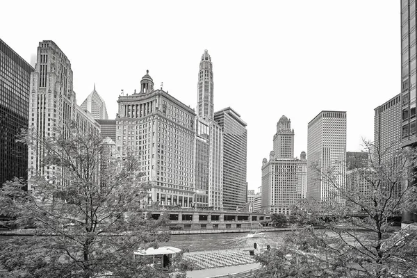 Μαύρο και άσπρο φωτογραφία στο κέντρο της πόλης Σικάγο, ΗΠΑ — Φωτογραφία Αρχείου
