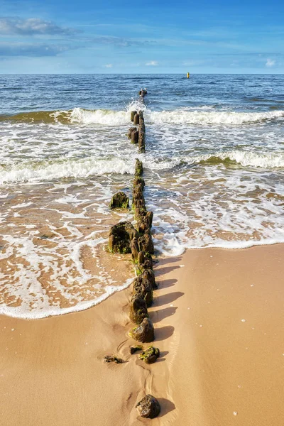 Old wooden breakwater on a beach, summer background — Stock Photo, Image