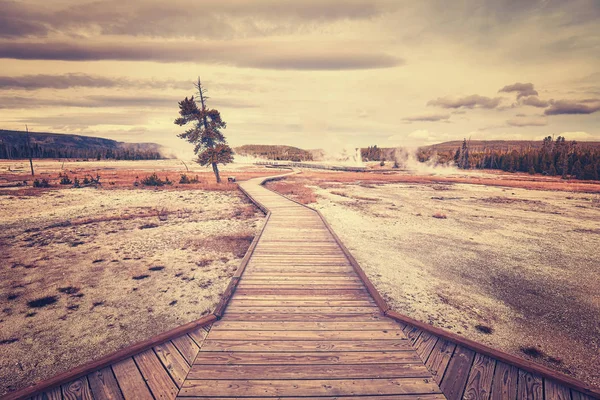 Holzbrücke über dampfendes Gelände im Yellowstone-Nationalpark. — Stockfoto