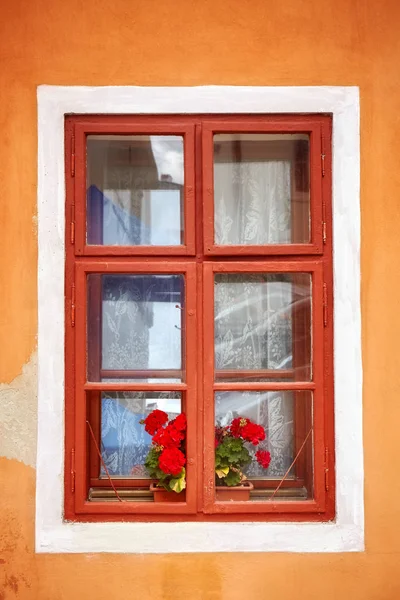 Geschlossenes altes Fenster mit roten Blumen in oranger Wand — Stockfoto