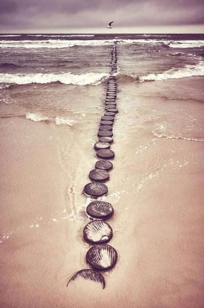 Viejo groyne de madera en una playa . — Foto de Stock