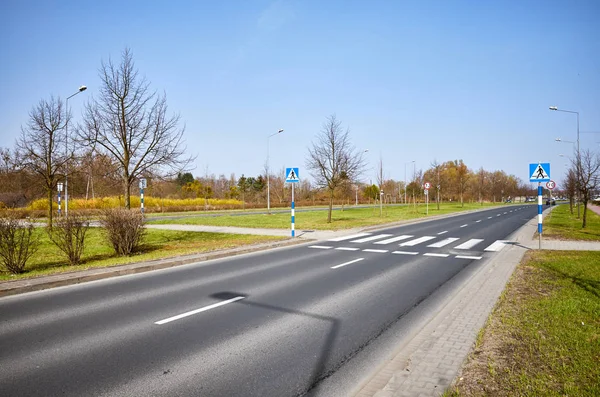 Пешеходный переход с зеброй и дорожными знаками — стоковое фото