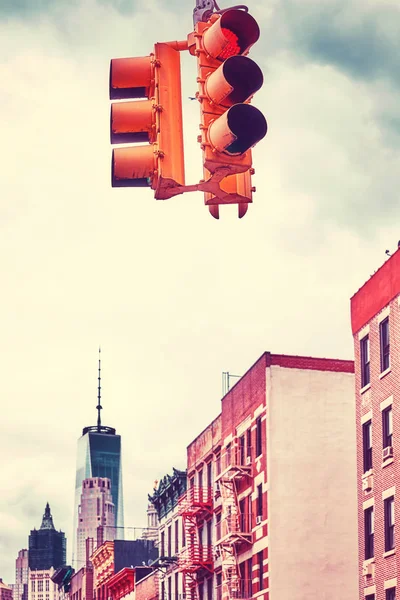 Vintage toned picture of New York City traffic lights. — Stock Photo, Image