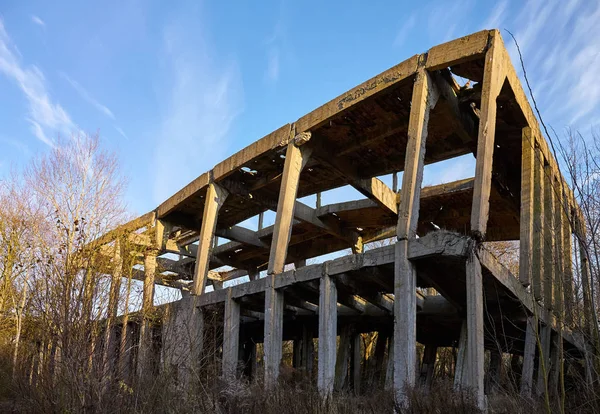 Zničená betonová průmyslová stavba v lese při západu slunce. — Stock fotografie