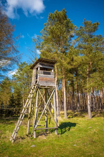 Wooden elevated deer hunting blind at the edge of a forest and field.