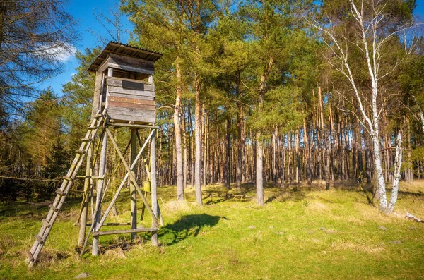 Wooden elevated deer hunting blind at the edge of a forest and field.